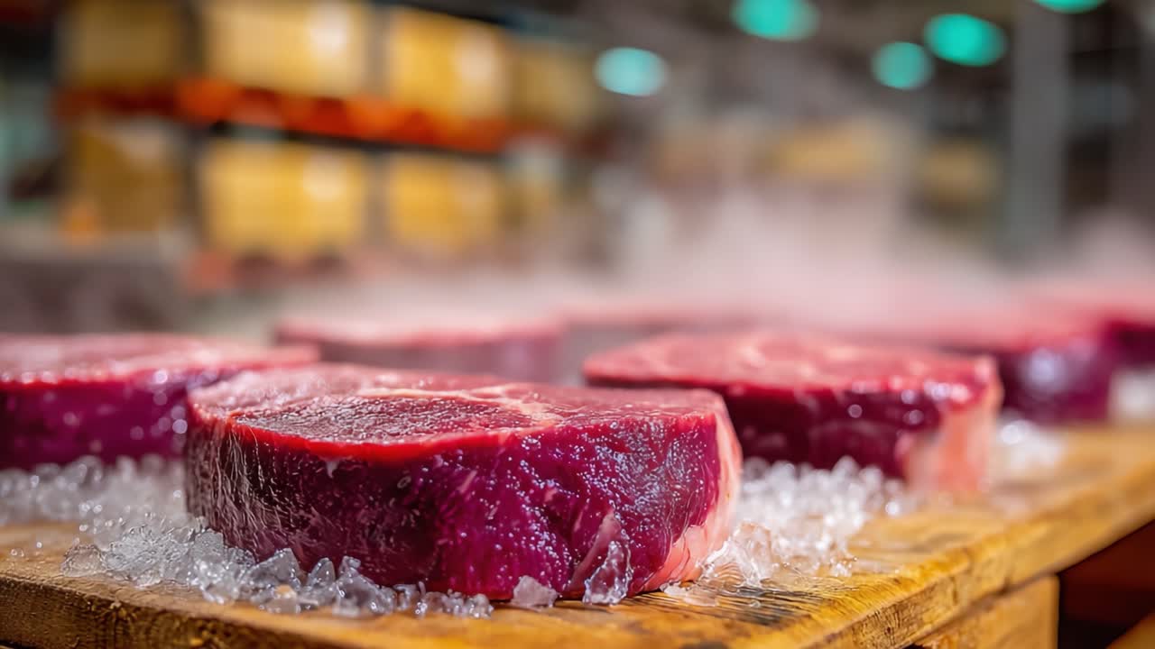 Fresh Cuts of Premium Meat on Display in a Busy Retail Environment, Emphasizing the Quality and Appearance of the Products Surrounded by Vapor and Ice