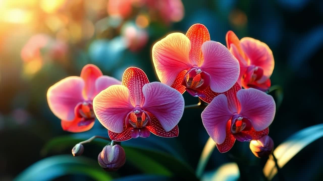 Orchids blooming in sunlight. Colorful orchids bloom in a garden, basking in warm golden sunlight of the late afternoon.