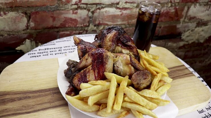 Dolly in on full grilled chicken and chips with soft drink