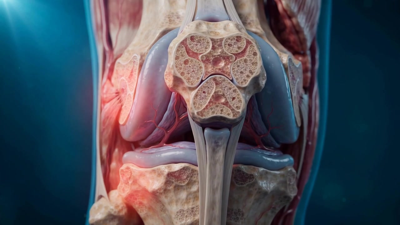 Vista dettagliata in sezione trasversale di un'articolazione del ginocchio umano che mostra ossa, cartilagine e legamenti di collegamento in primo piano