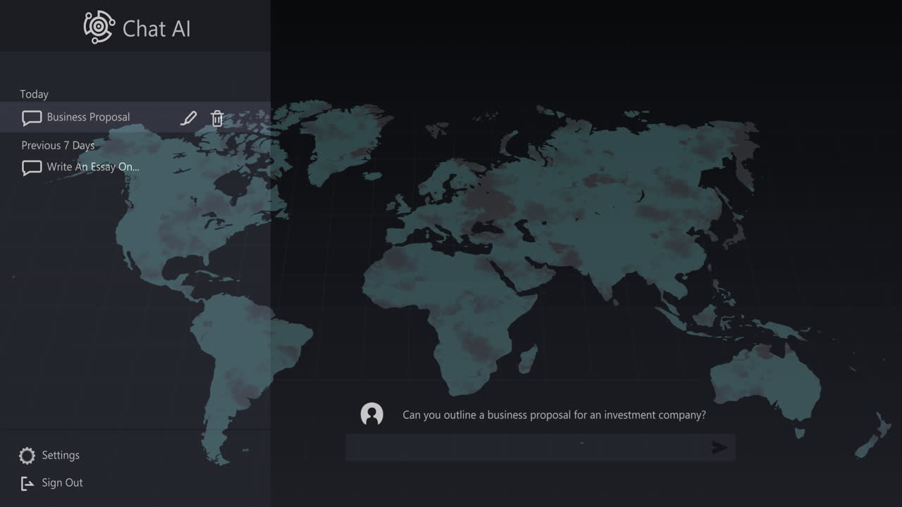 logotipo de chat y texto de conversación sobre el mapa del mundo en la pantalla de la interfaz