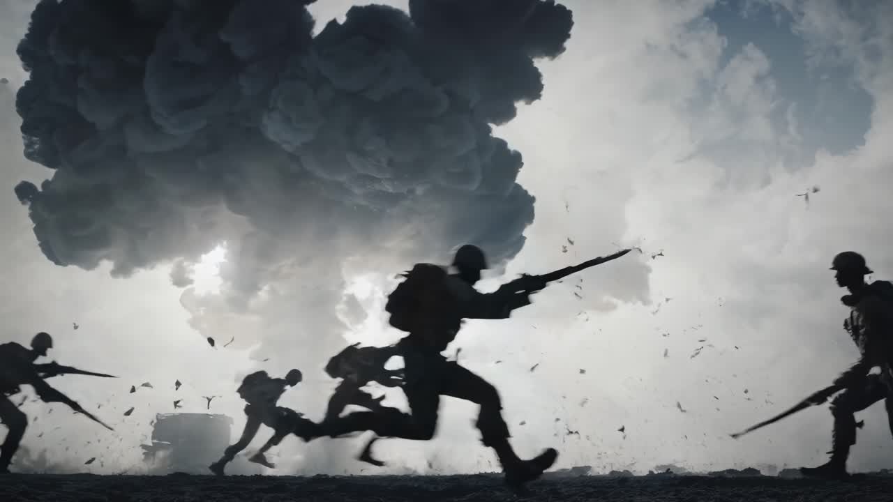 군인들은 연기가 가득한 전장을 가로질러 진격하며, 폭발성 환경의 격렬한 전투 구역을 항해하며, 적군과 협조된 전술적 움직임을 통해 전투를 벌이고 있습니다.