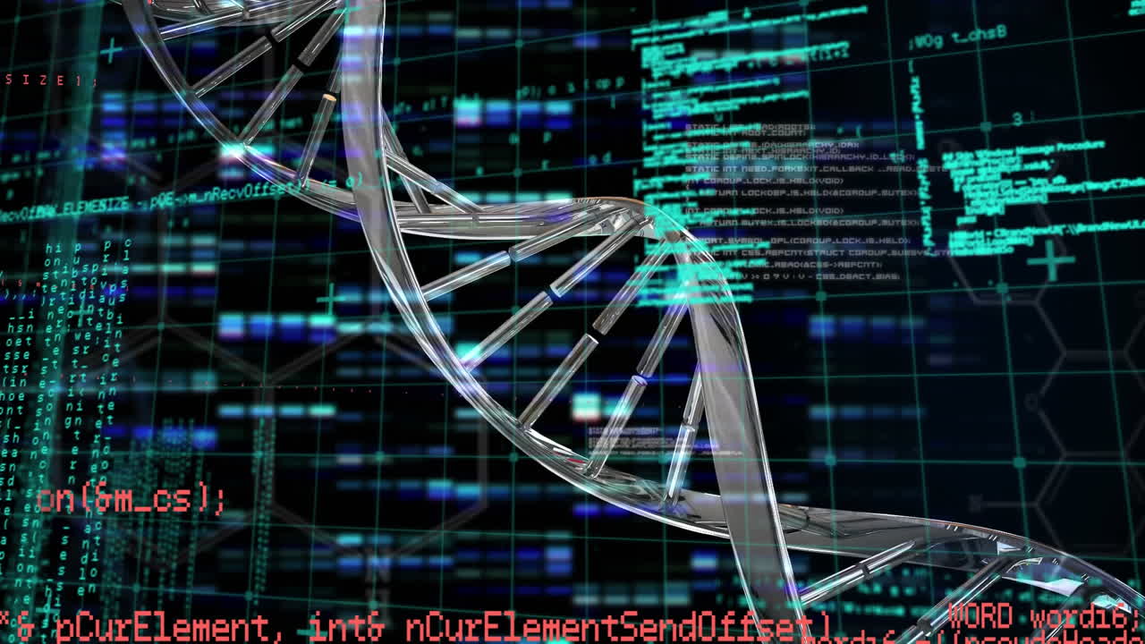 Animation of 3d dna strand spinning and scientific data processing on black background