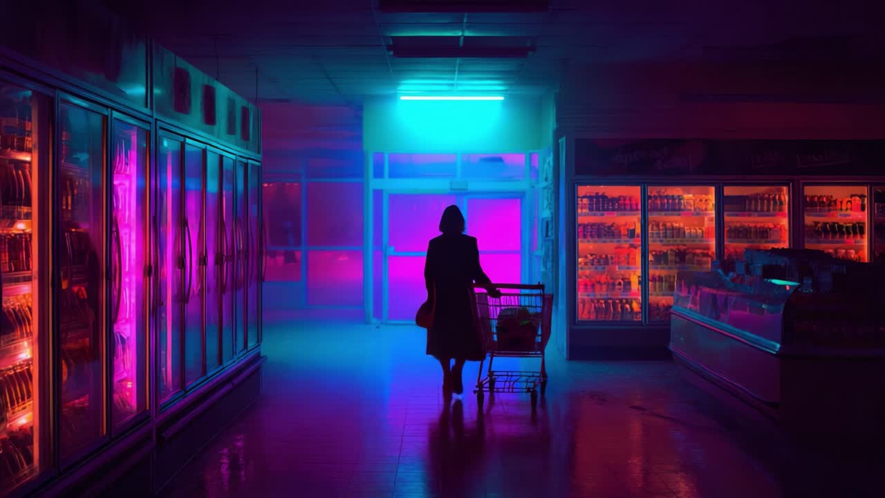 An Enigmatic Figure Navigates Through a Neon-Illuminated Aisle, Evoking Mystery and Intrigue in a Dimly Lit Supermarket Surrounded by Pulsating Colors and Shadows