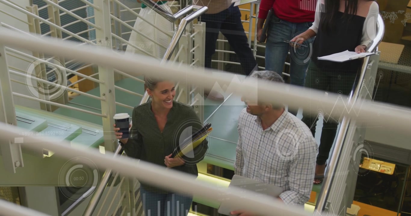 Animation of loading circles and bars over diverse coworkers discussing while walking down stairs
