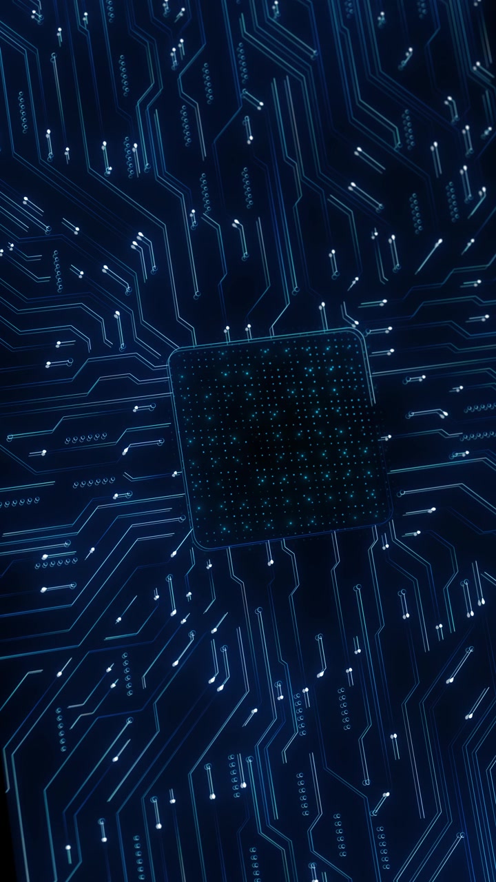 Blue circuit board background with central processor shape glowing pathways and electronic node