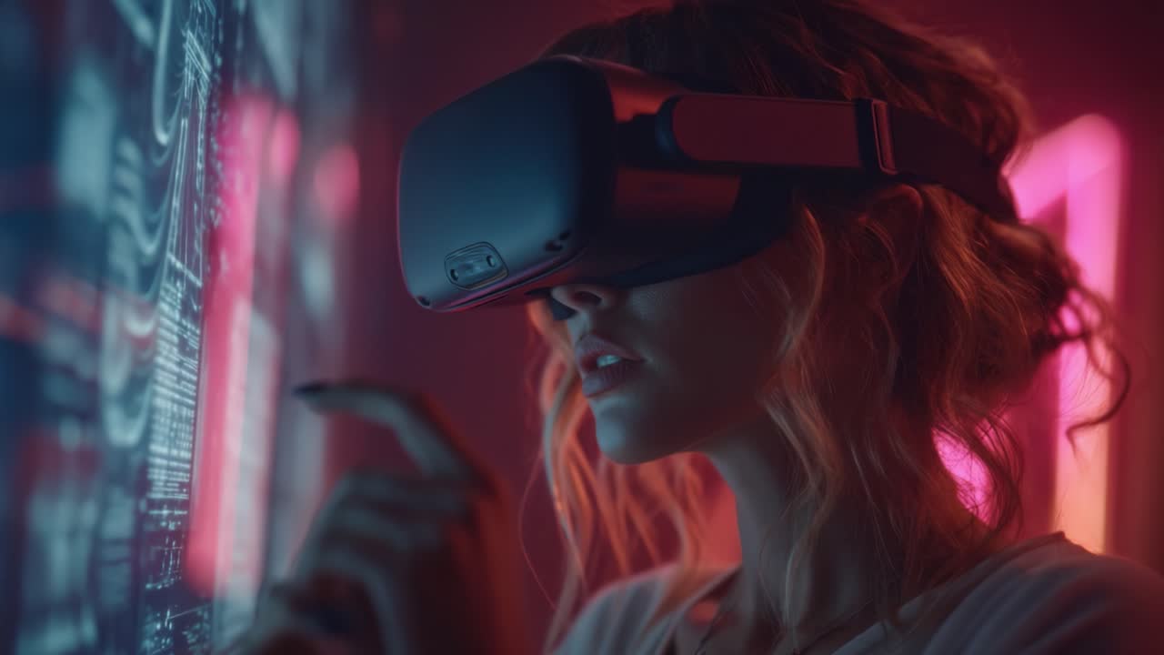 Exploring Virtual Realities: A Close-Up View of a User Engaged with an Interactive Display Through a VR Headset in a Neon-Lit Environment