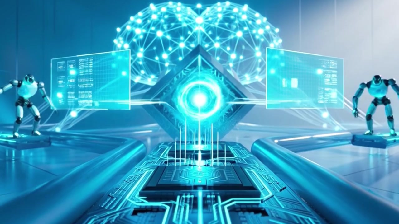 Two Robots Interacting with Digital Brain and Data Interfaces
