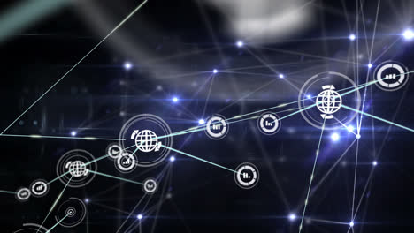Animation of networks of connections with icons on black background