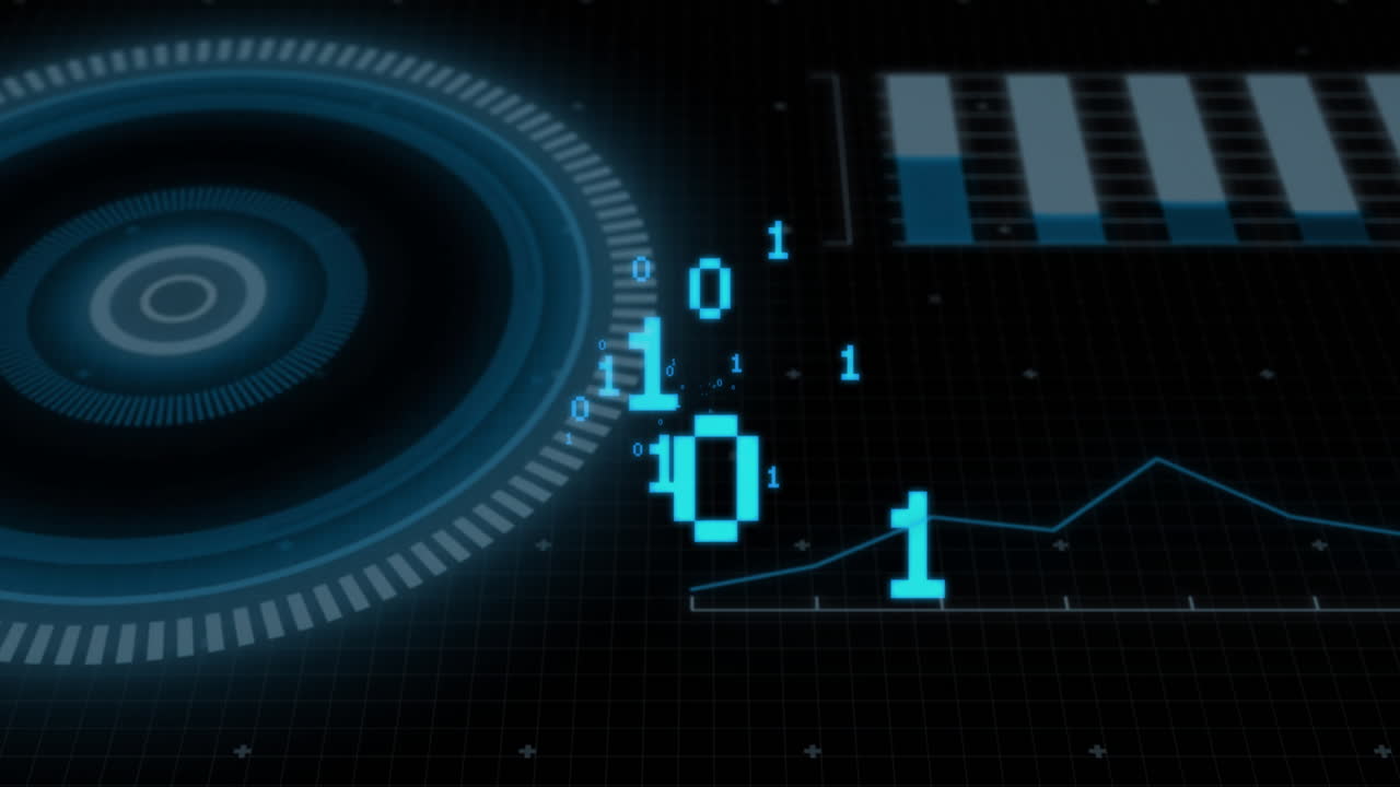 Animation of binary data processing over circular scanner on black background