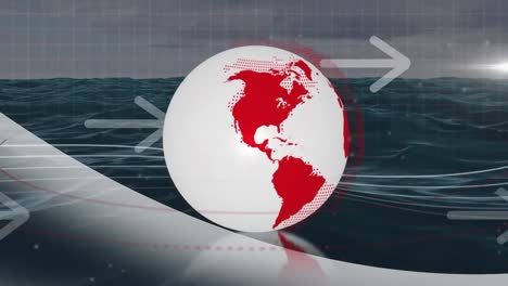 animation of globe with arrows over seascape