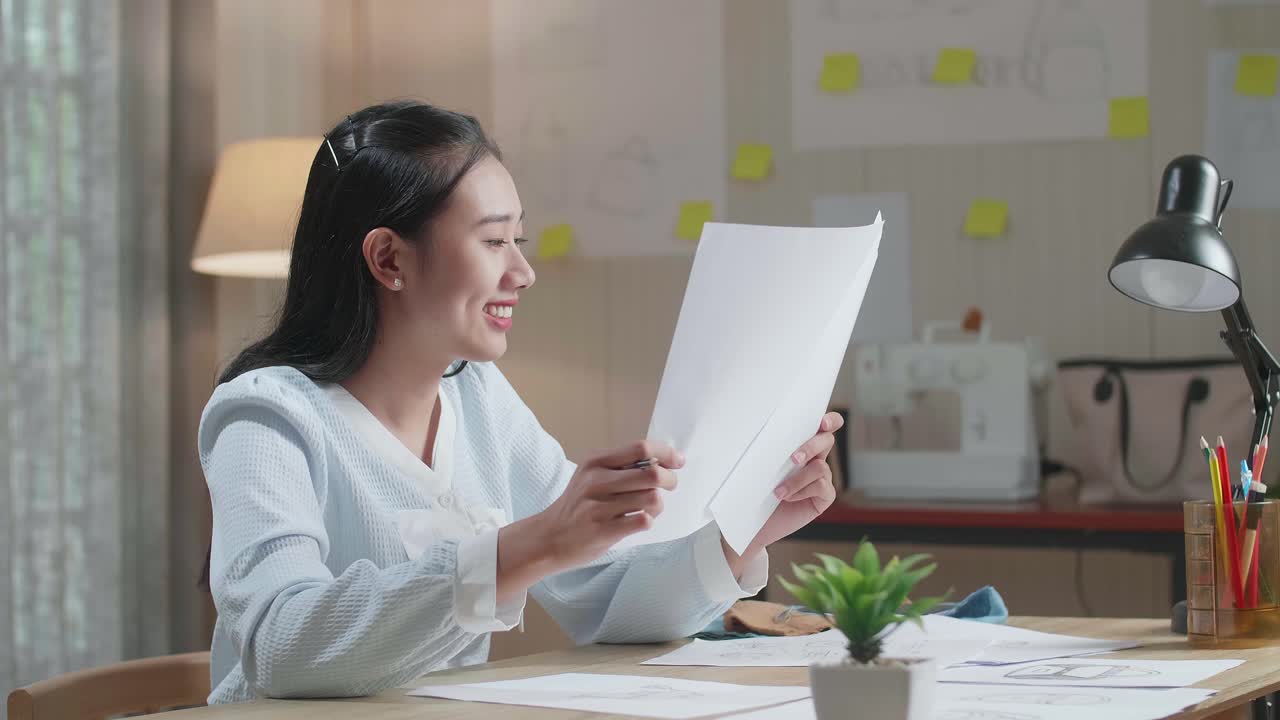 Asian Woman Designer Positively Shaking Her Head While Looking At The Layout Bond At The Office