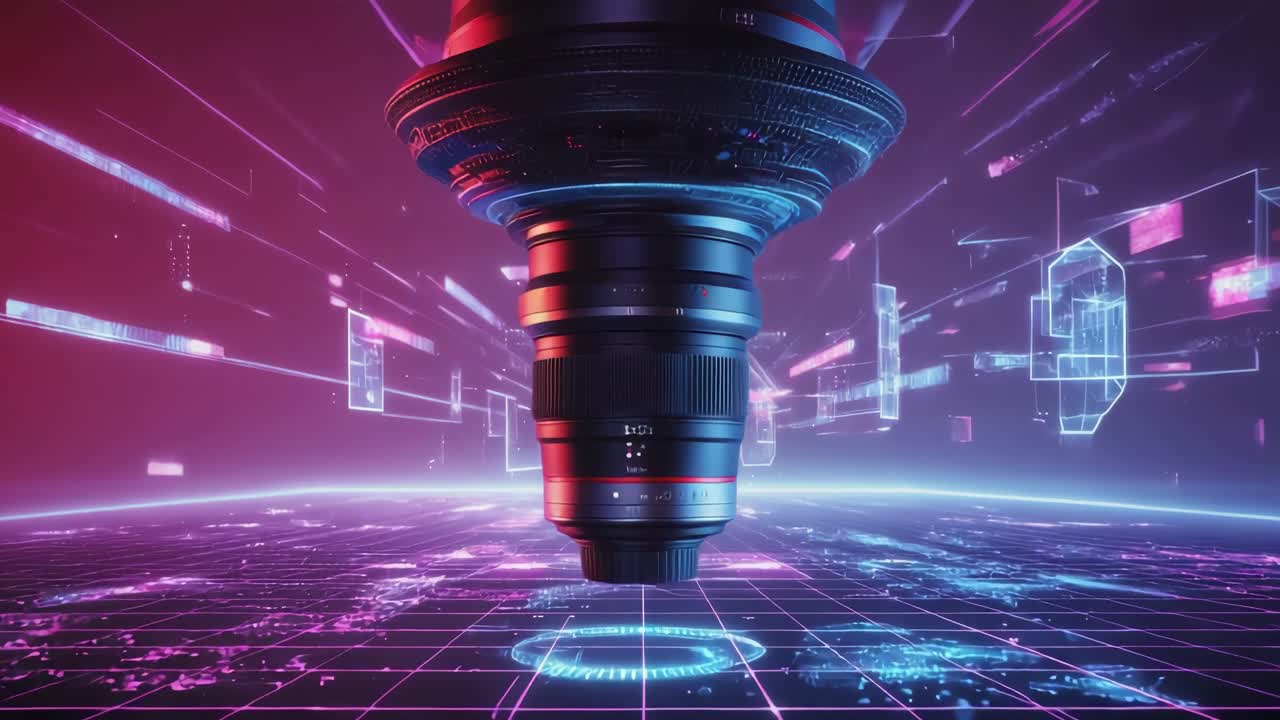 Futuristic Camera Lens in a Neon Digital Environment