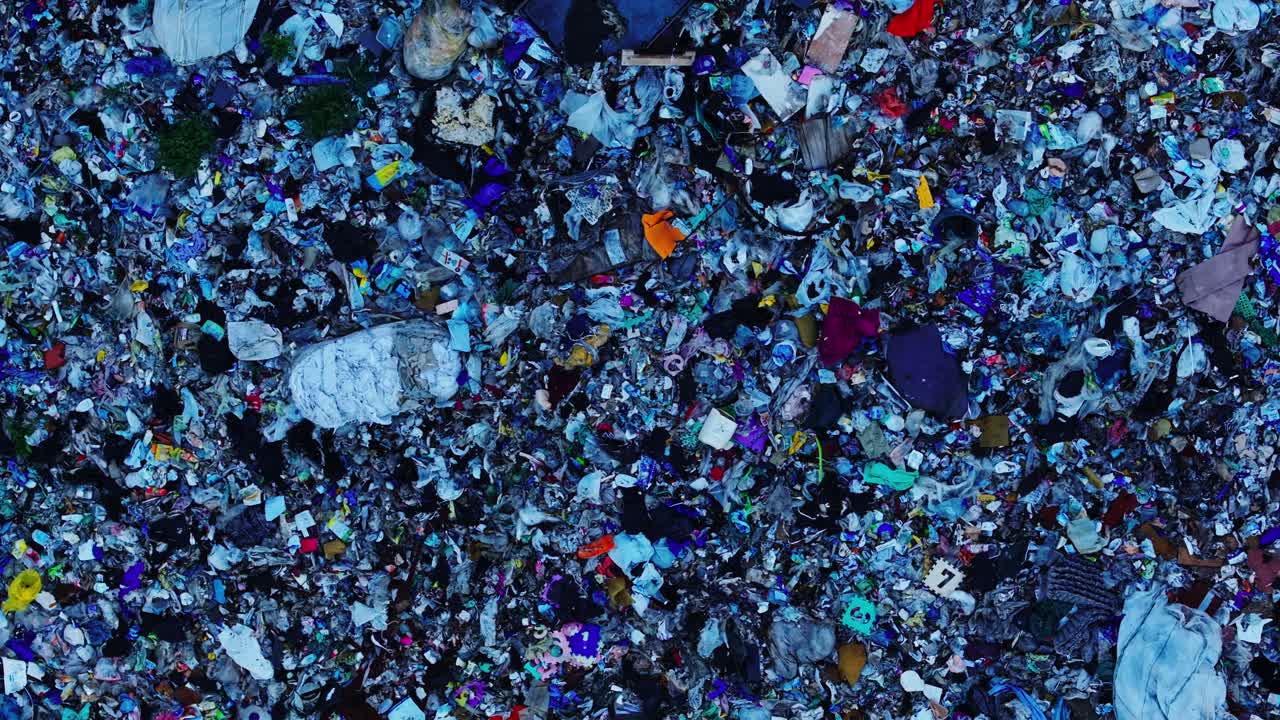 Drone glides right at sunrise over chaotic landfill with mixed trash piles, 4K