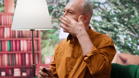hombre anciano aplicando suero y crema hidratante en sus mejillas