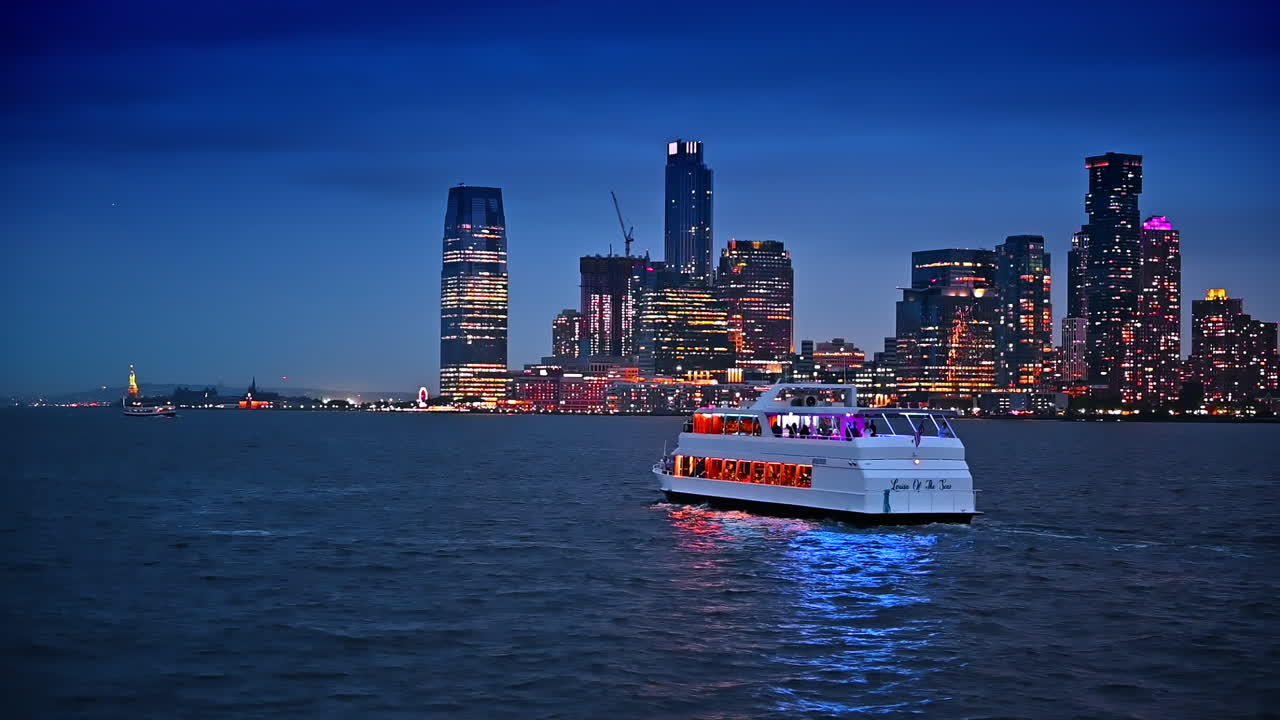 Evening travel by the riverboat in New York, USA. Multi-storied buildings and skyscrapers switched on lights at backdrop
