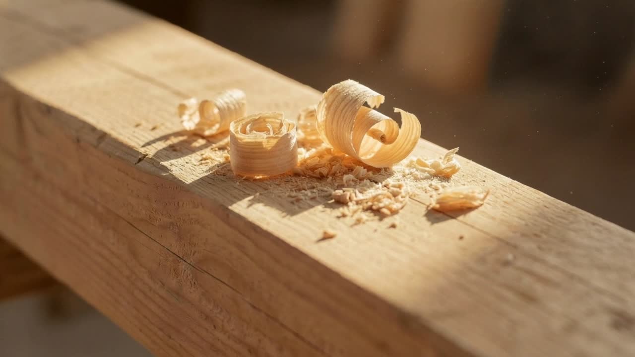Nahaufnahme von gekräuselten Holzspänen und Sägemehl auf einem Holzbalken im warmen Sonnenlicht mit unscharfem Hintergrund