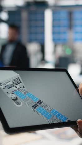 vertical video solar power technician reviewing data on tablet in photovoltaics factory