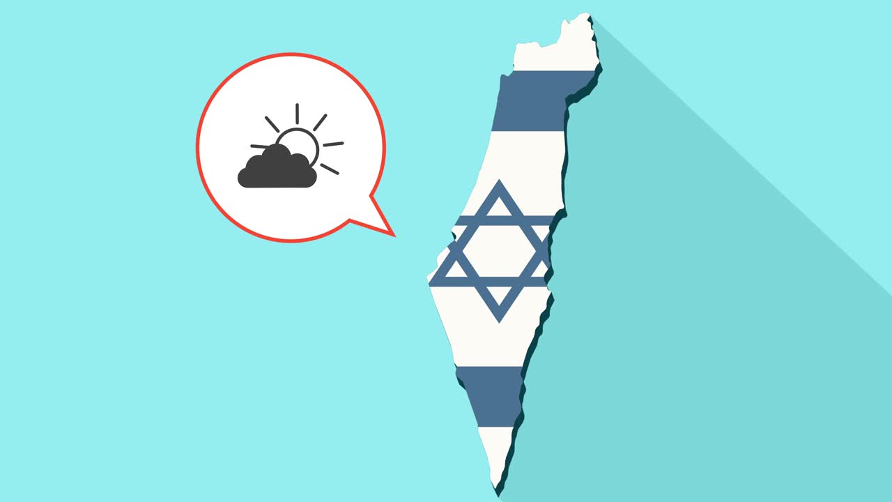 animación de una larga sombra mapa de israel con su bandera y un globo cómico con un sol brillando detrás de una nube