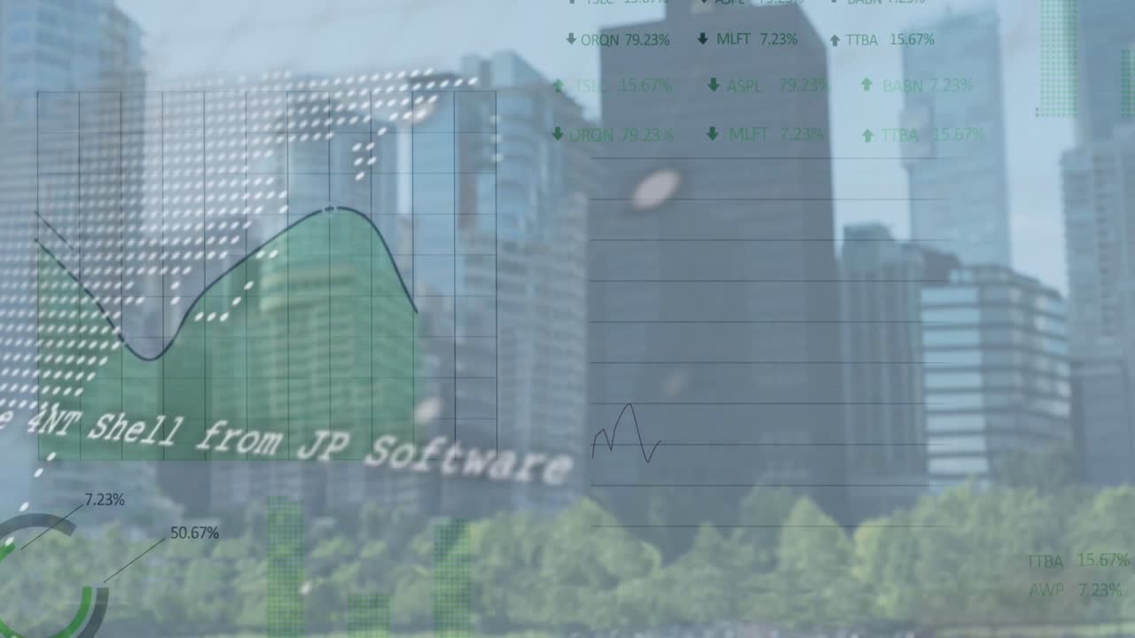animación del procesamiento de datos financieros sobre el paisaje urbano