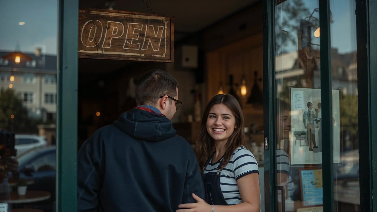 Donna accogliente che indossa un grembiule mentre un uomo si avvicina all'ingresso del negozio, invitandolo ad entrare, insegna "APERTO"