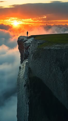 man standing on cliff edge watching sunset above the clouds