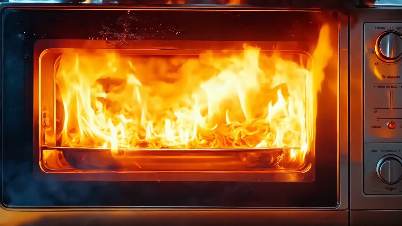 카운터에서 불꽃이 나오는 토스터 오븐