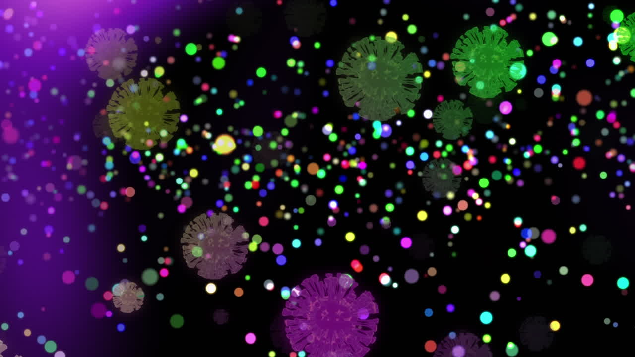 검은색 배경에 다채로운 빛의 반점이 있는 코로나19 세포가 떠다니는 애니메이션