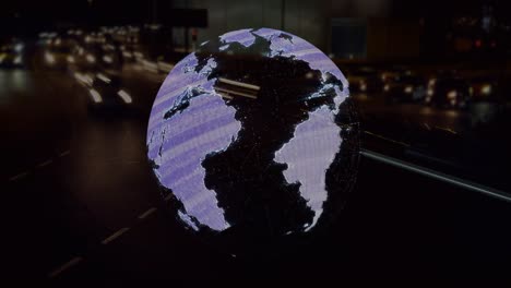 animation of globe and data processing over road traffic in fast pace and cityscape