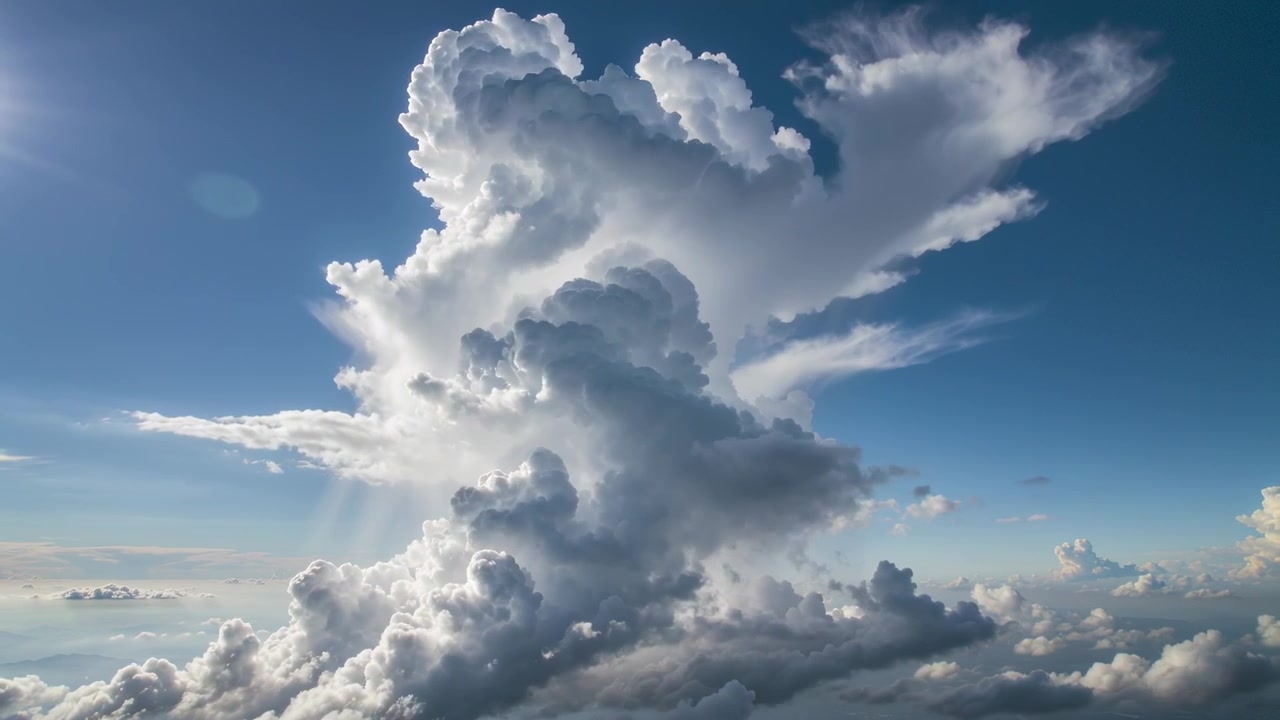 Sun shifting, cloud tower rising in aerial view, growing puffy tops, fanning anvil from convection