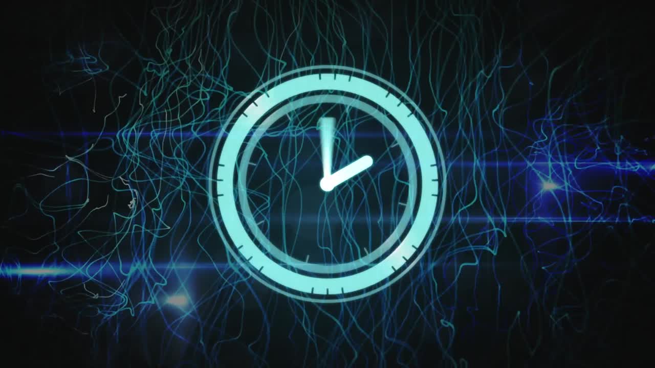 Animation of clock over blue lines on dark background