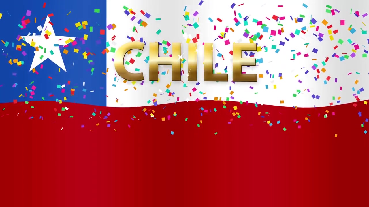 Bandeira chilena animada tremulando com texto dourado e confetes coloridos caindo em loop.