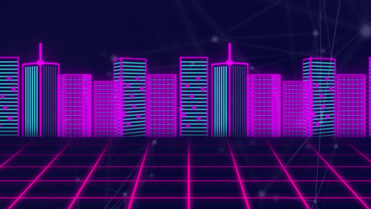 animación de la red de conexiones sobre rascacielos sobre fondo azul oscuro