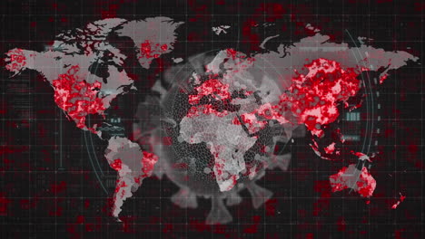animation of covid 19 cell over world map, scope scanning and data processing