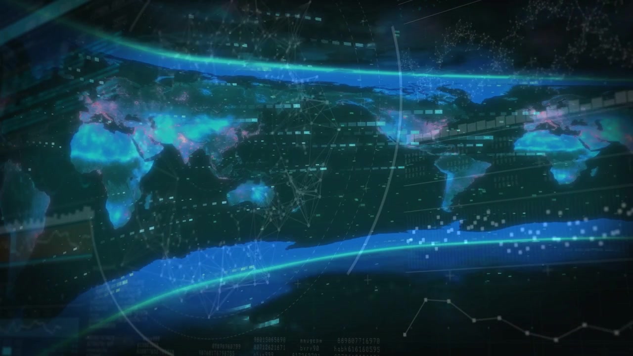 Teal global map showing ribbon brightening and starting eastward data flow, tracking metrics
