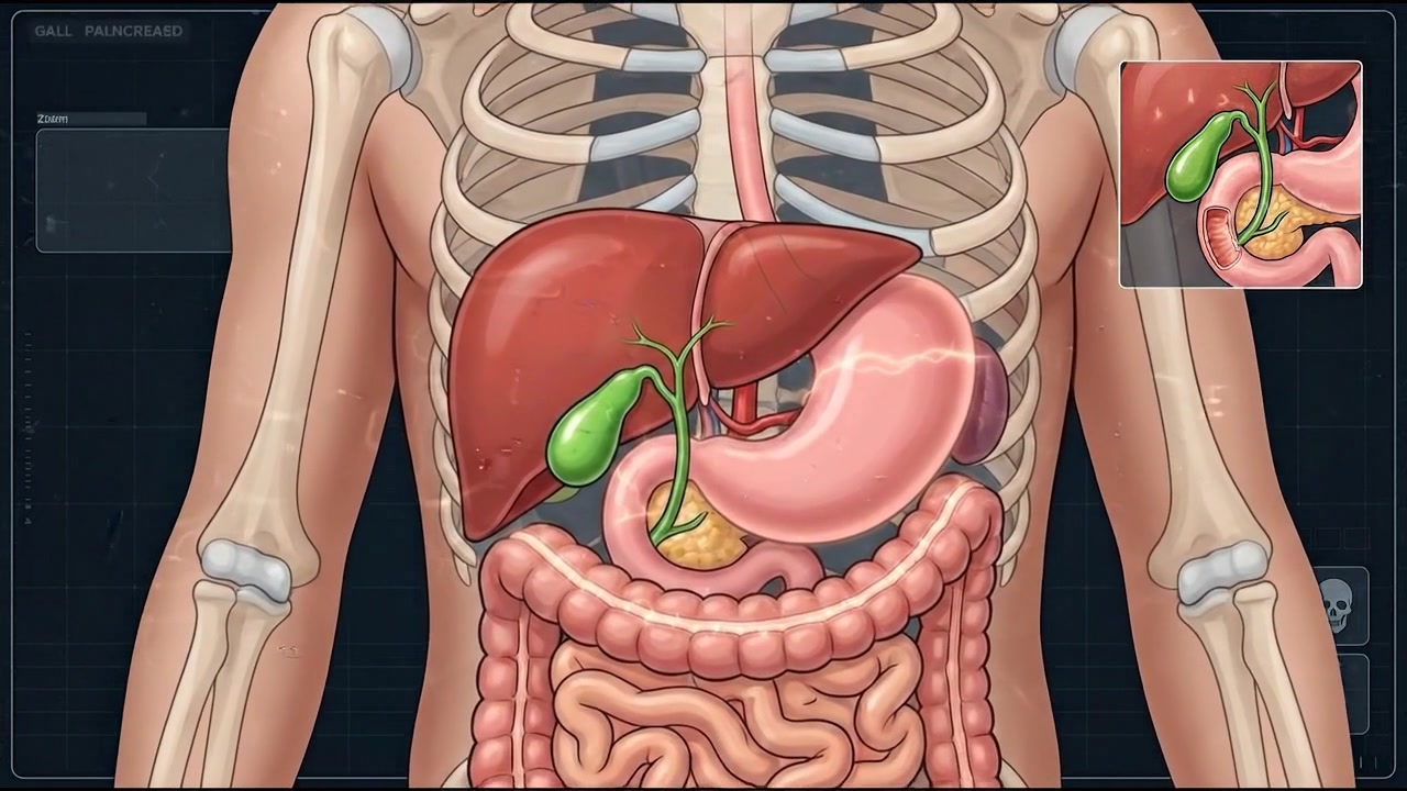 Front body anatomy showing complete digestive tract and major abdominal organs