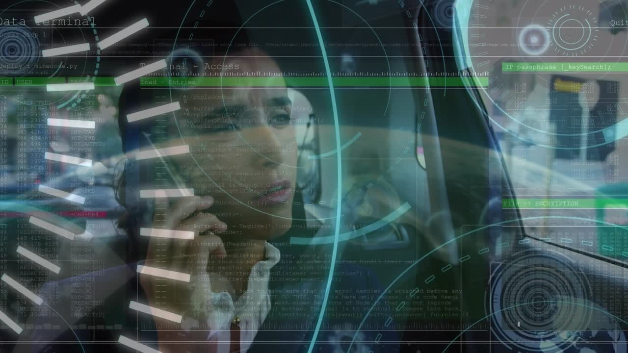 Animation af databehandling med 5g-tekst og områdeskanning over kaukasisk forretningskvinde