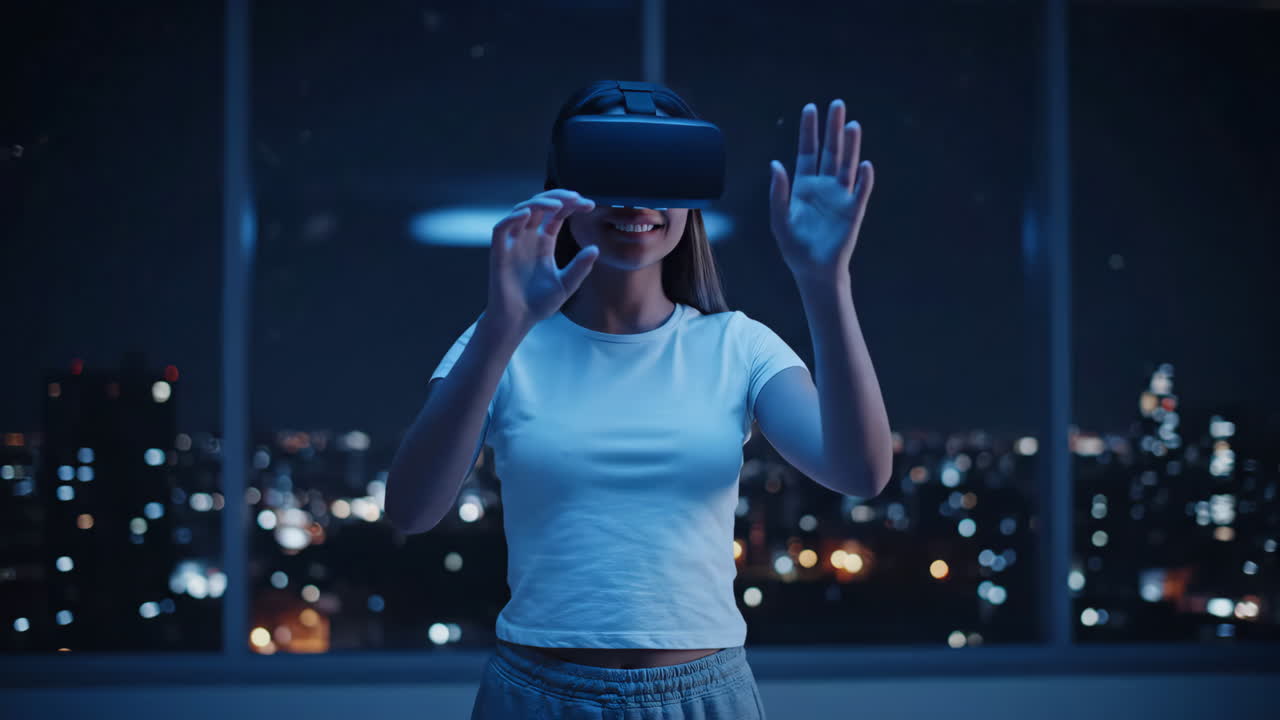 Young Woman Engaging in an Immersive Virtual Reality Experience at Night