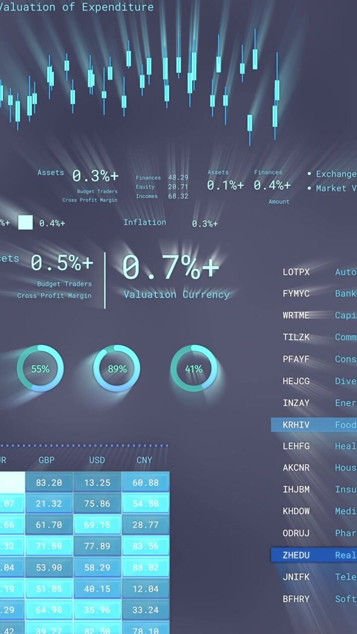 Animation of financial data processing over dark background