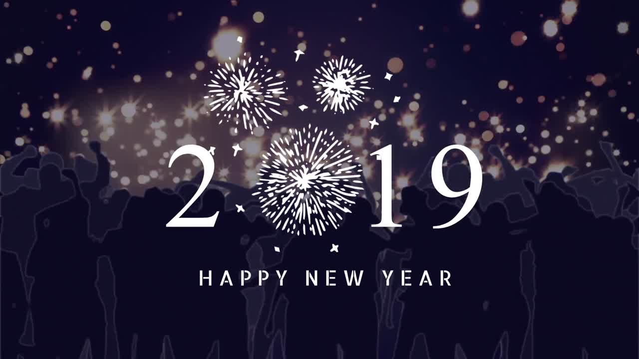 Silhouette of people dancing against 2019 New Year Sign 4k