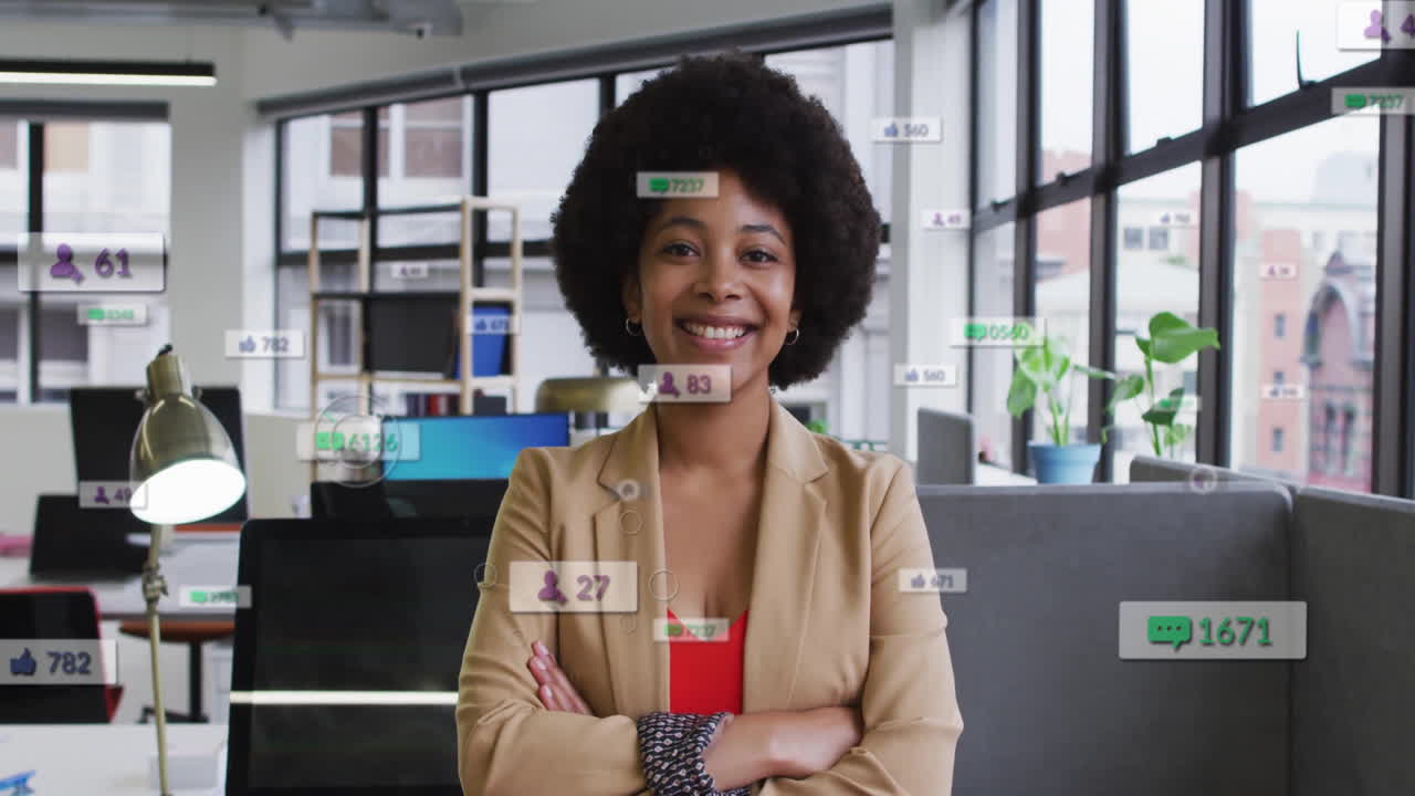 Animation of social media data processing over african american businesswoman in office