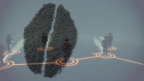 coffee beans forming lung shape while glowing network lines linking silhouette icons 3d render