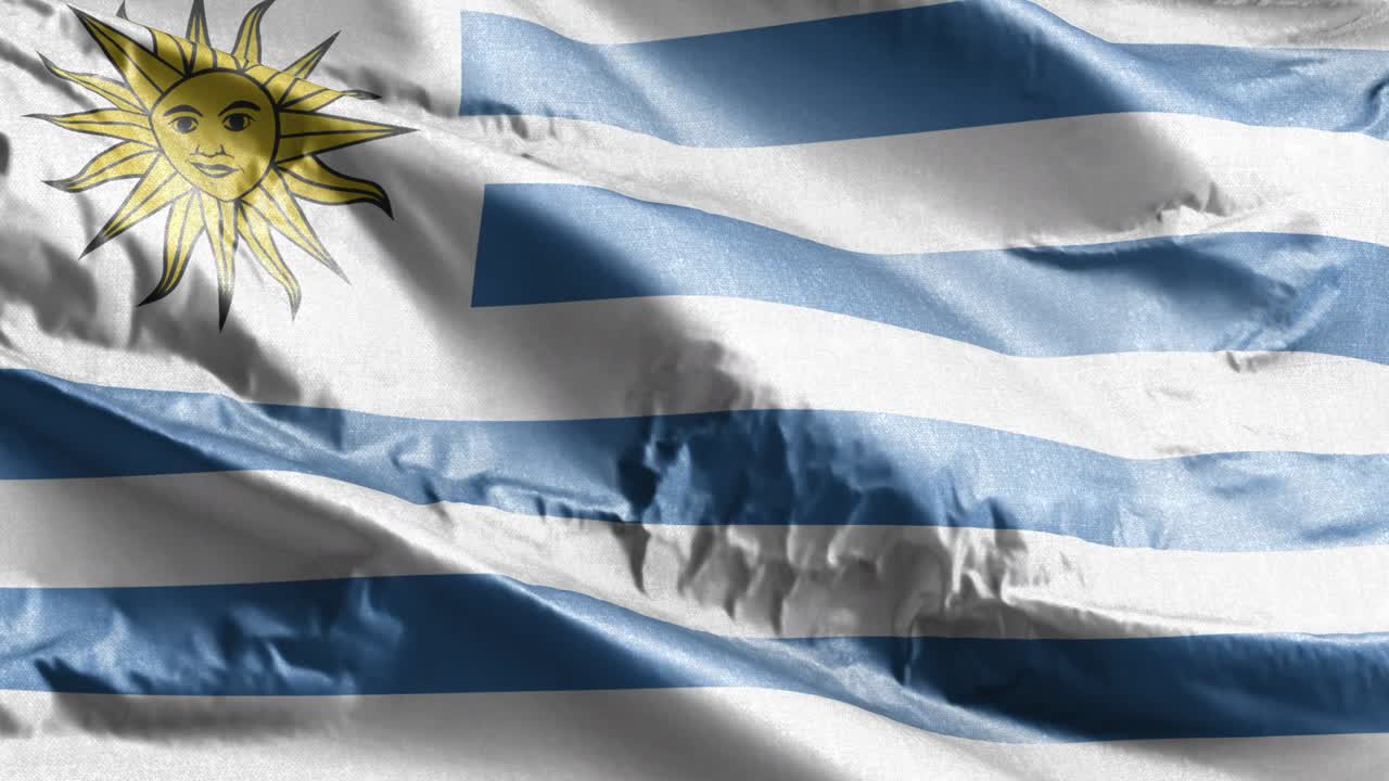 bandera textil uruguaya ondeando en el bucle del viento. bandera uruguaya balanceándose en la brisa. tejido textil de tela. fondo de relleno completo. bucle de 10 segundos.