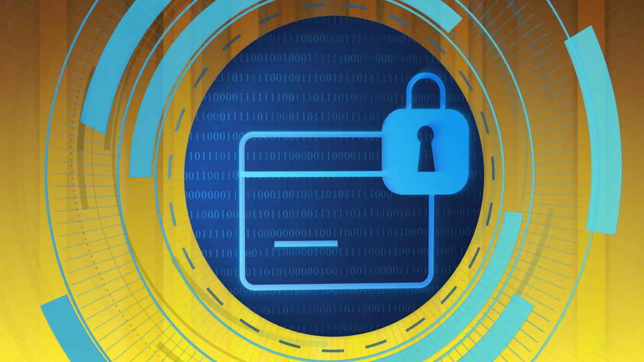 circular el escáner azul sobre la tarjeta de crédito y el icono del candado sobre fondo amarillo