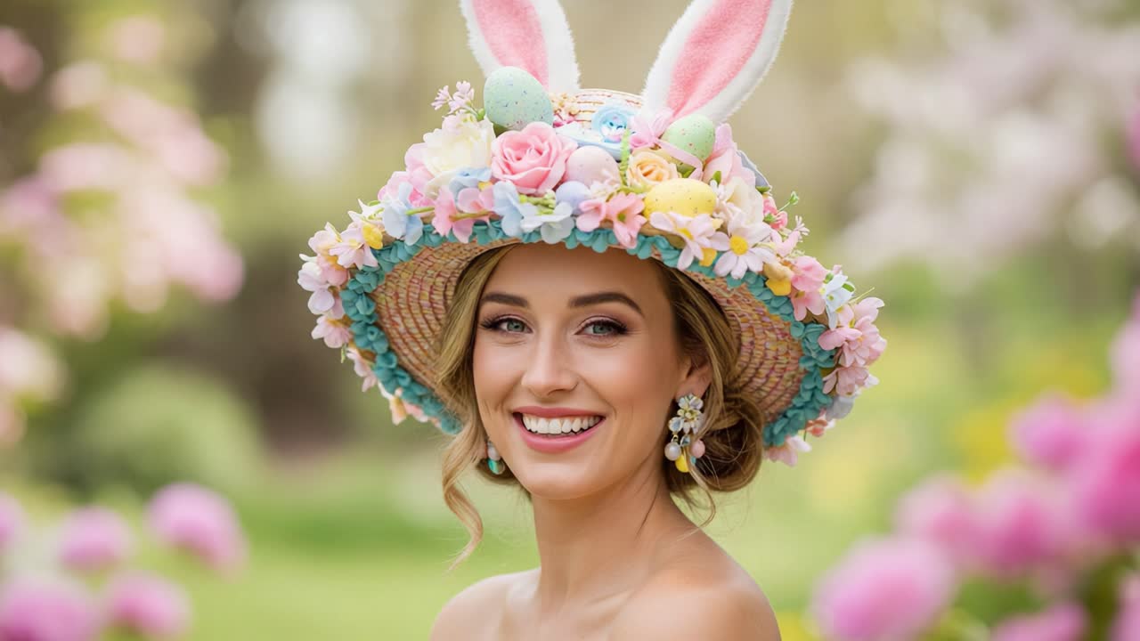 A Joyful Spring Portrait: A Smiling Woman Wearing a Floral Easter Hat with Bunny Ears Amidst Vibrant Blooming Flowers and Soft Natural Light