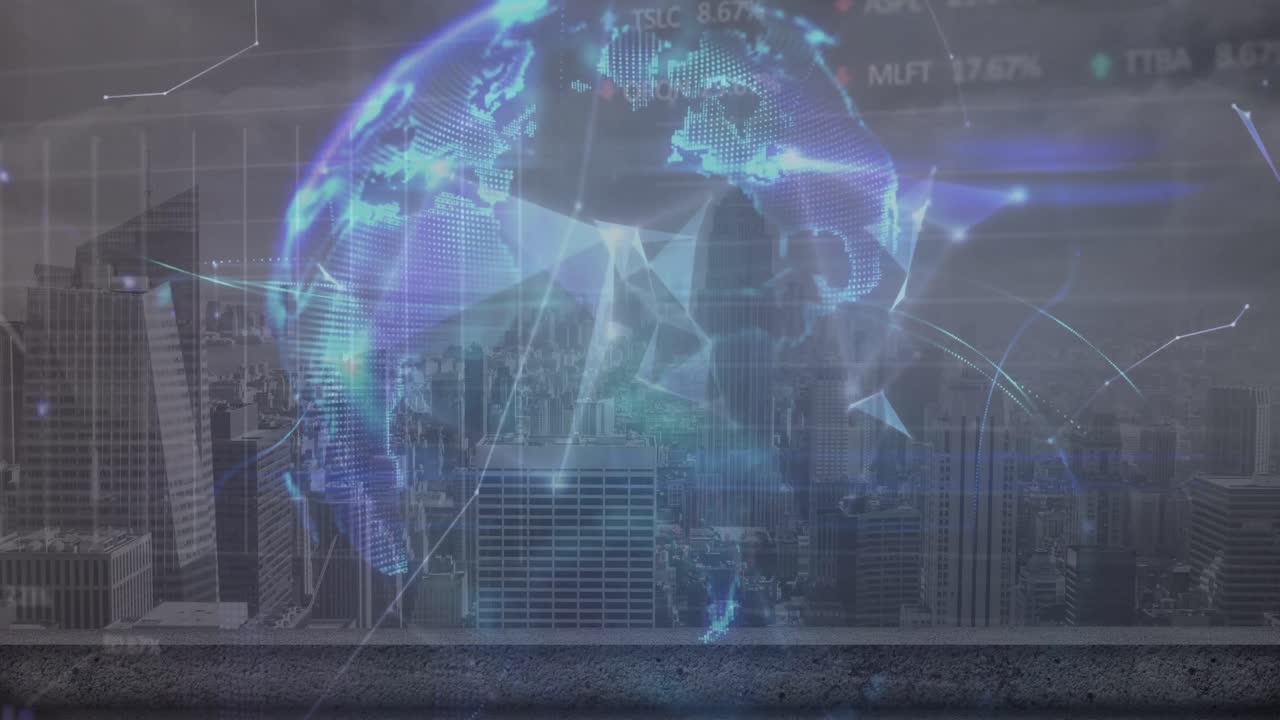 금융 데이터 처리 및 도시 풍경에 대한 지구의 애니메이션