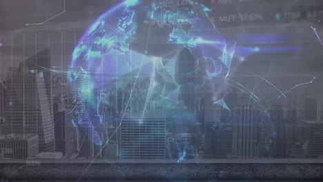 animation of financial data processing and globe over cityscape