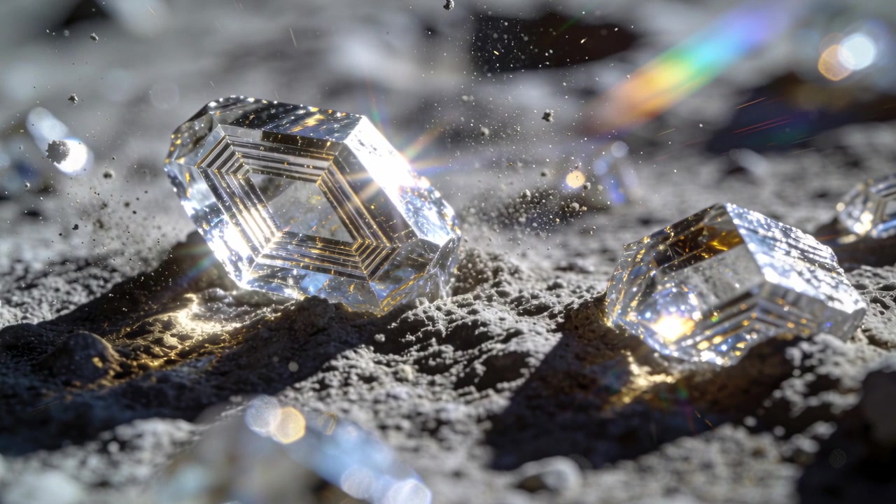 Se déplaçant lorsqu'un faisceau lumineux frappe un cristal hexagonal facetté, créant un éclat arc-en-ciel et soulevant de la poussière sur le sol
