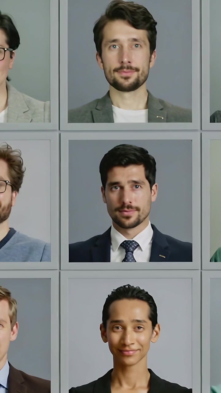 Vertical video: Panning top-left, camera revealing framed portrait grid on wall with staff in suits