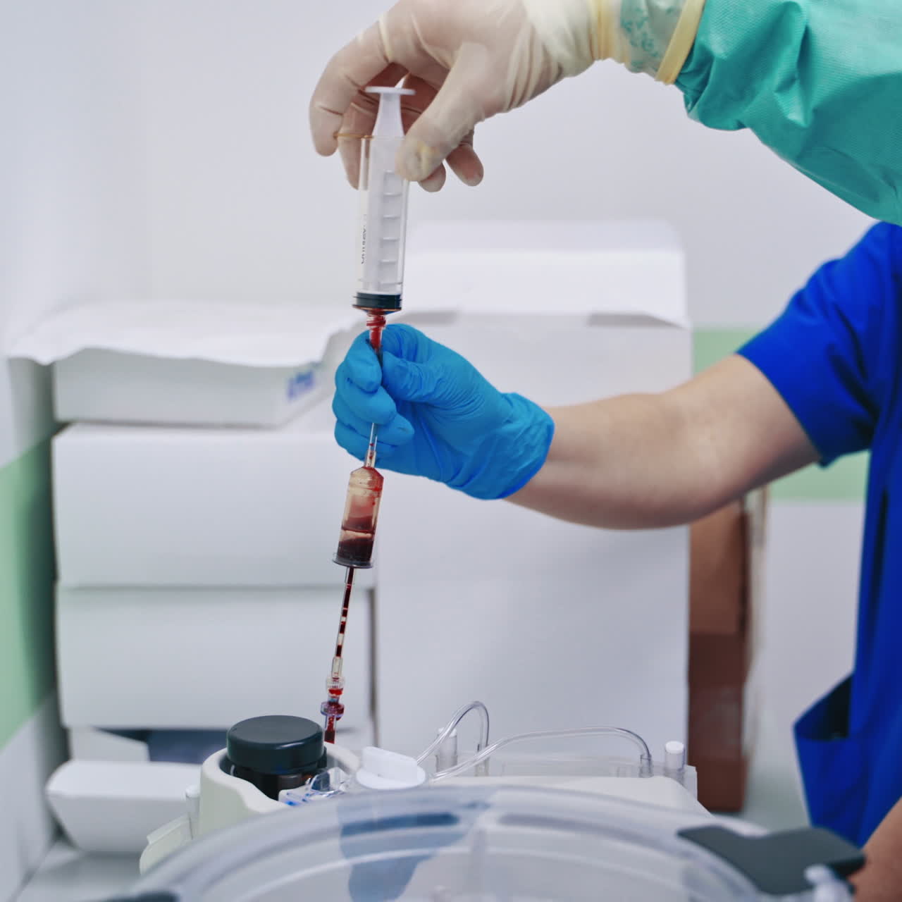Research of stem cells. Medical workers working with blood samples. Stem cells injection procedure.
